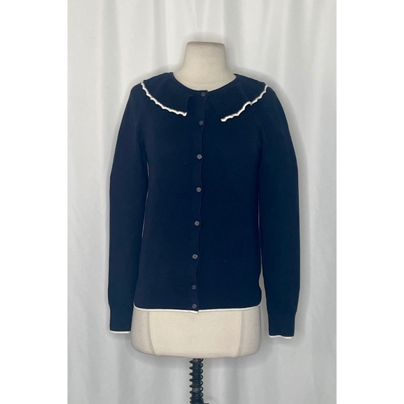 BODEN Frill Collared Wool Blend Cardigan Sweater Navy Blue White Preppy X-Small - Picture 3 of 16